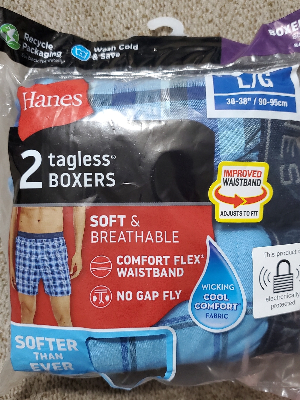Hanes Men's Size Large 36" - 38" Tagless Boxers - Blue Plaid, Blue Solid 2-Pack